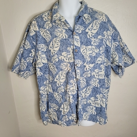 Op Tropical Palm Leaves Hawaiian Print Camp Shirt Men's Large Blue - Picture 2 of 11